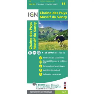 IGN Chaîne des Puys, Massif du Sancy, Auvergne (15)  - Wandel- en Fietskaart
