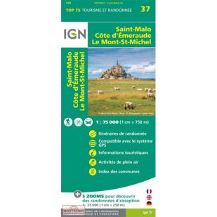 A - IGN Top 75: Saint Malo - Côte d'Emeraude le Mont Saint-Michel - Normandie: Bretagne (37) - Wandel- en fietskaart